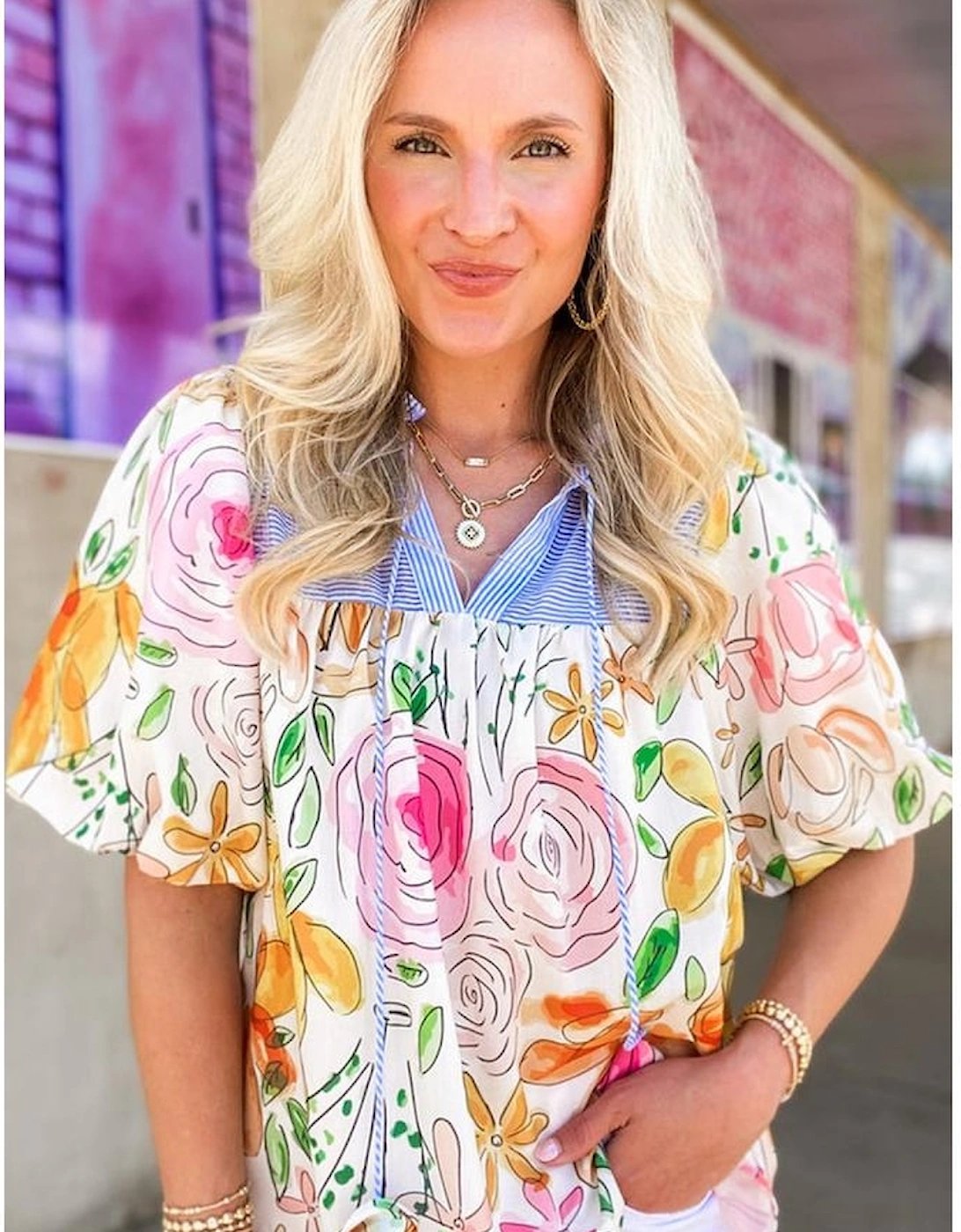 Multicolour Floral Print Striped Yoke Frilled V Neck Puff Short Sleeve Blouse