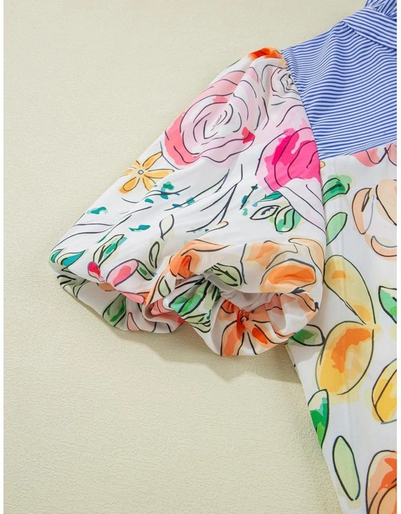 Multicolour Floral Print Striped Yoke Frilled V Neck Puff Short Sleeve Blouse