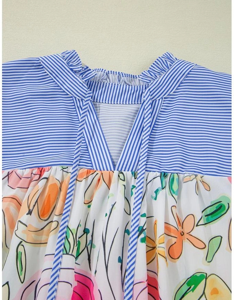 Multicolour Floral Print Striped Yoke Frilled V Neck Puff Short Sleeve Blouse