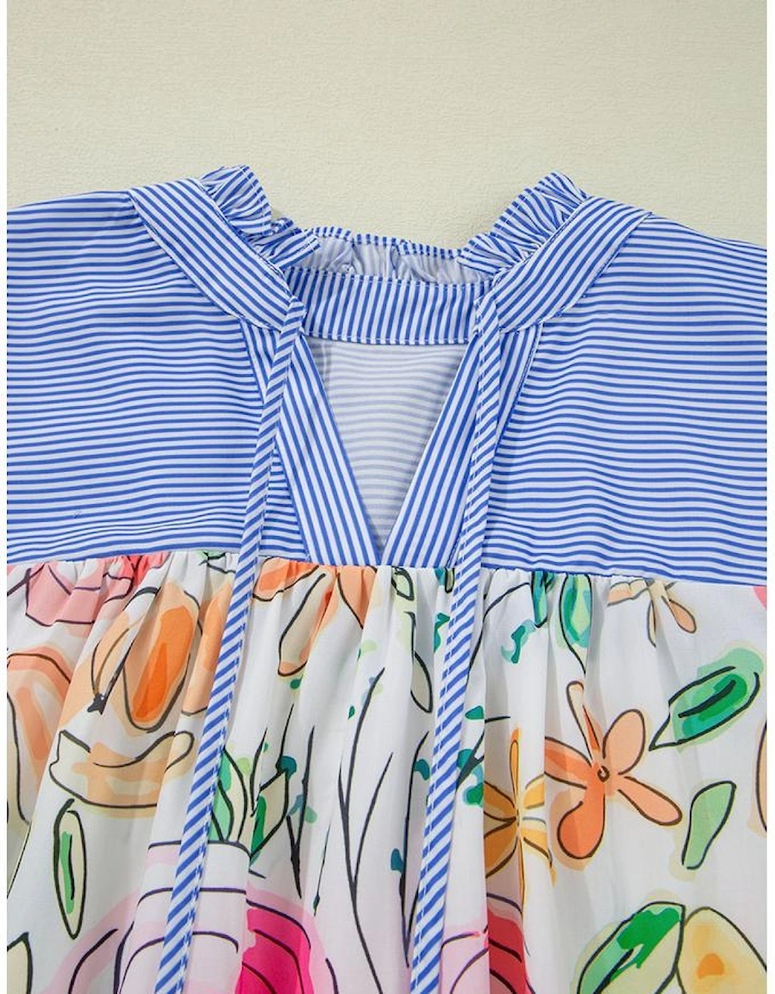 Multicolour Floral Print Striped Yoke Frilled V Neck Puff Short Sleeve Blouse