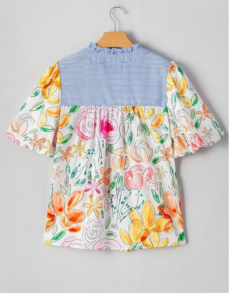 Multicolour Floral Print Striped Yoke Frilled V Neck Puff Short Sleeve Blouse