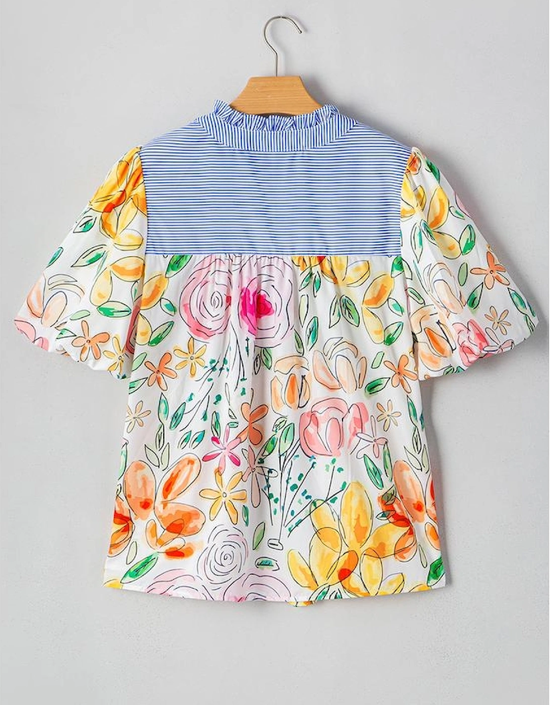 Multicolour Floral Print Striped Yoke Frilled V Neck Puff Short Sleeve Blouse