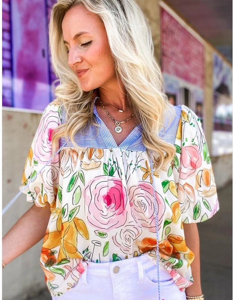 Multicolour Floral Print Striped Yoke Frilled V Neck Puff Short Sleeve Blouse
