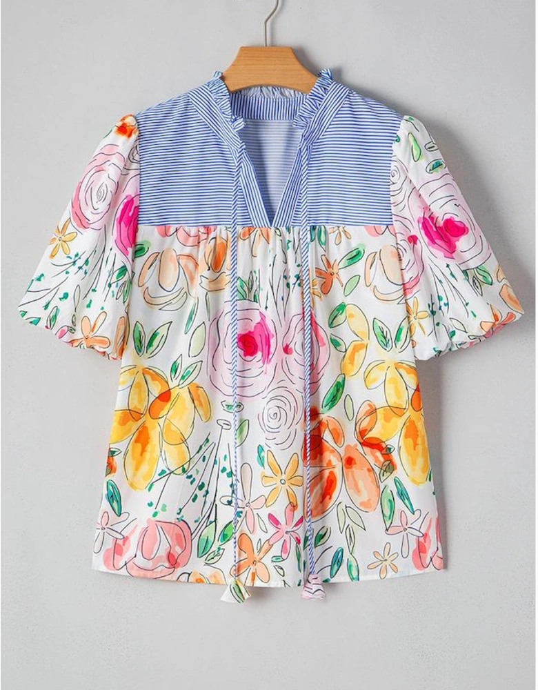 Multicolour Floral Print Striped Yoke Frilled V Neck Puff Short Sleeve Blouse