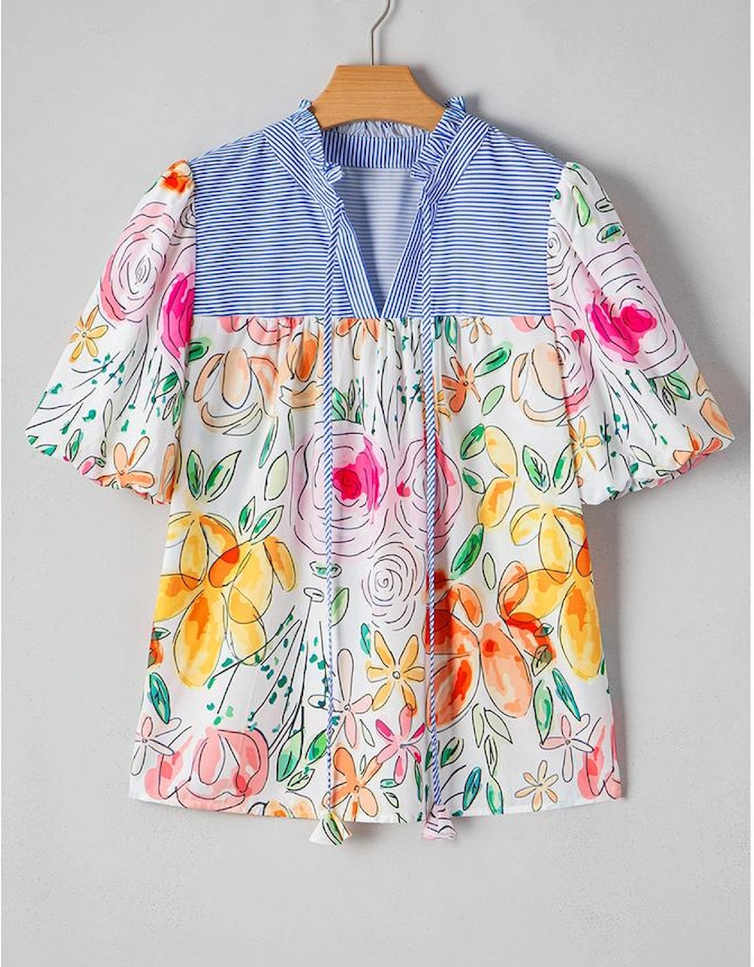 Multicolour Floral Print Striped Yoke Frilled V Neck Puff Short Sleeve Blouse
