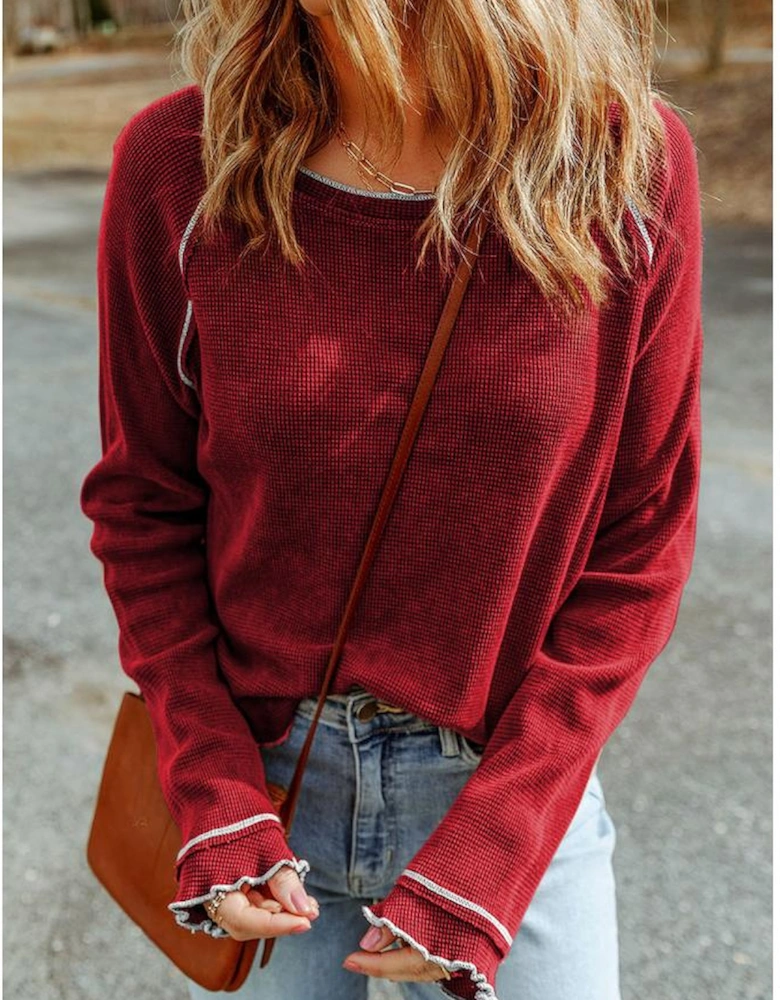 Red Textured Round Neck Long Sleeve Top