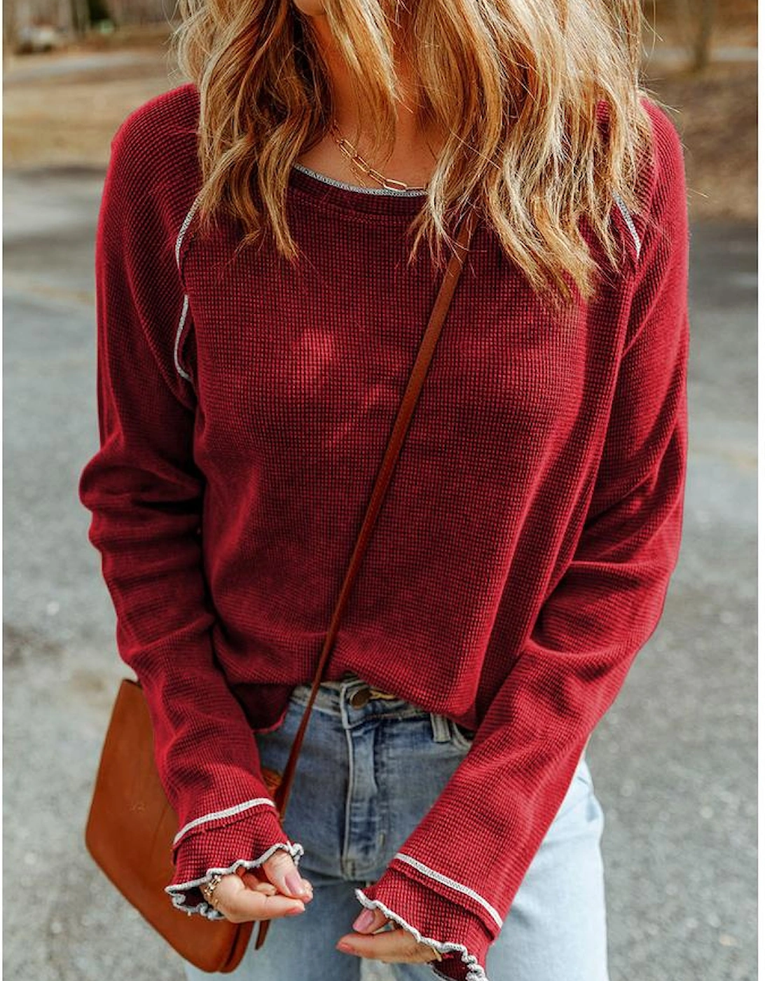 Red Textured Round Neck Long Sleeve Top, 5 of 4