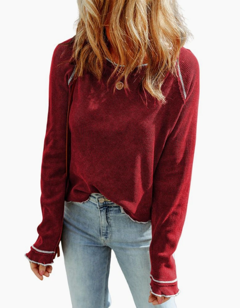 Red Textured Round Neck Long Sleeve Top