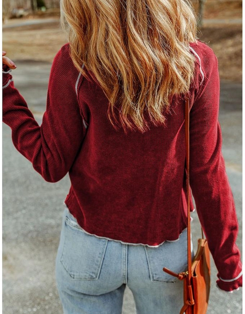 Red Textured Round Neck Long Sleeve Top