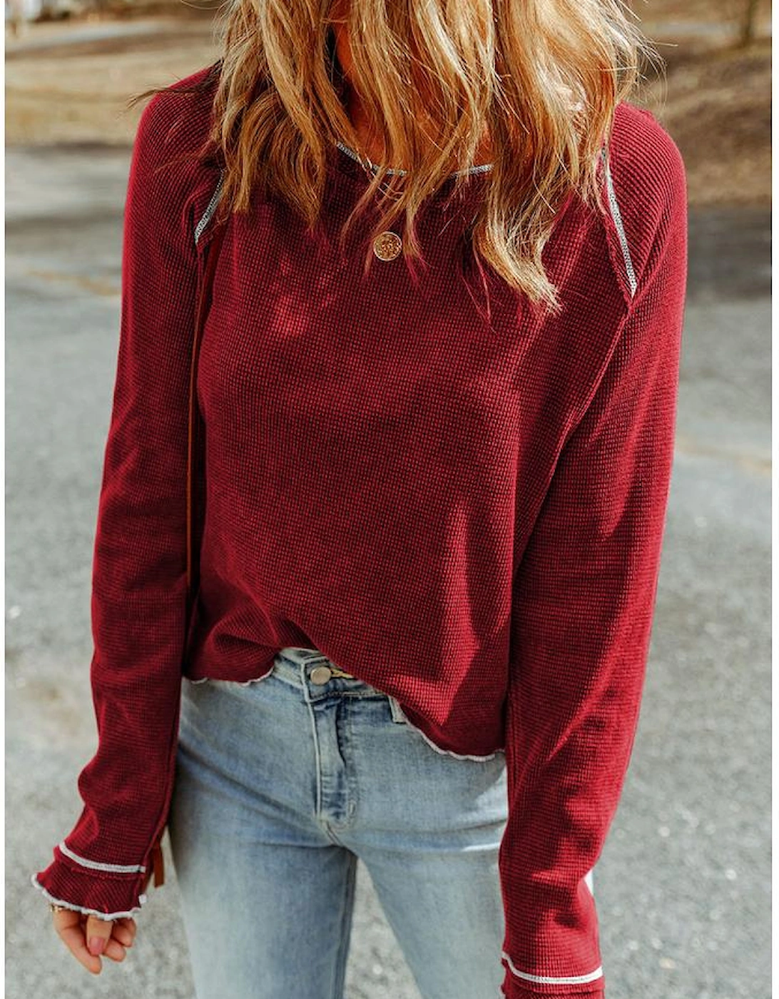 Red Textured Round Neck Long Sleeve Top