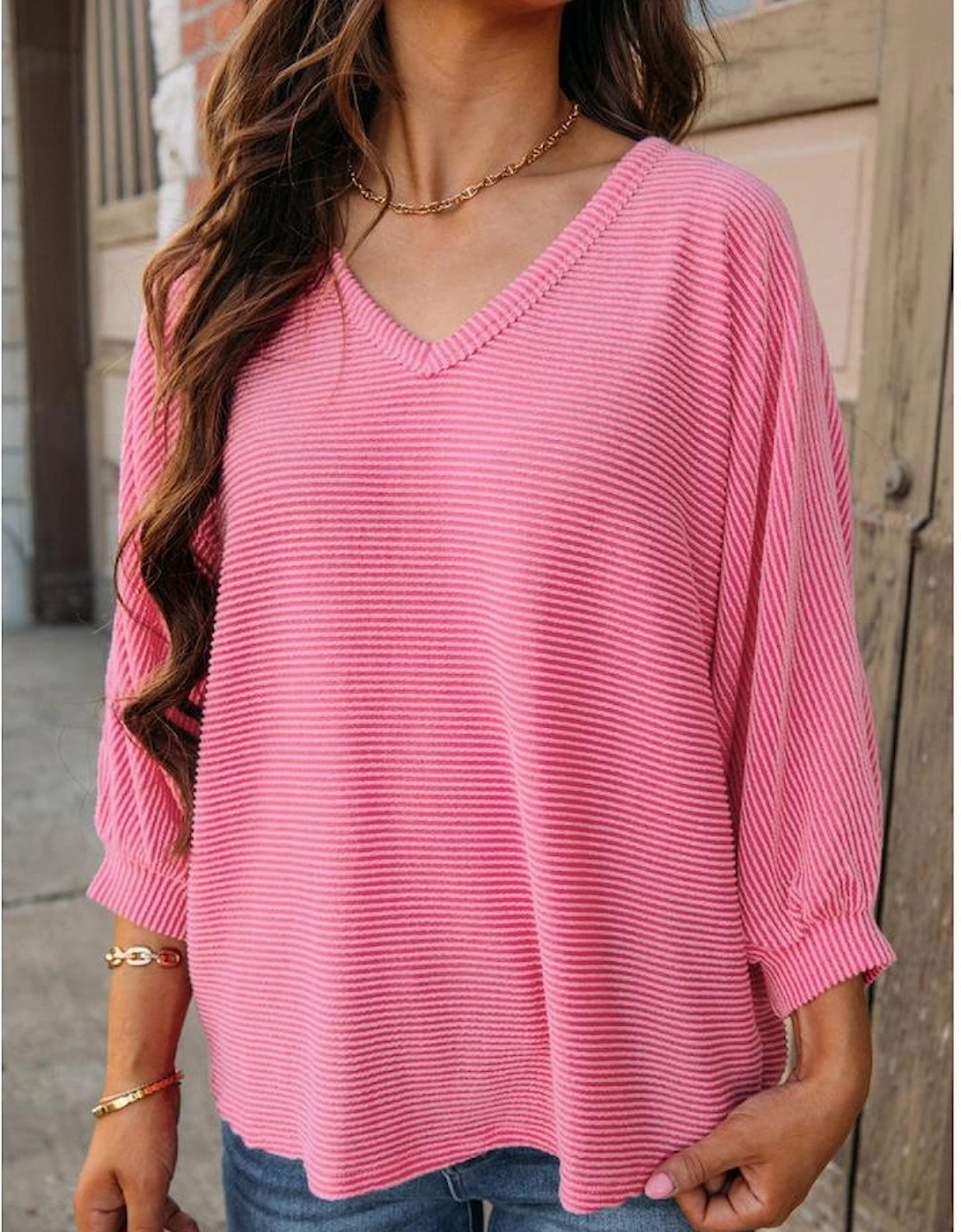 Strawberry Pink Striped Print Bracelet Sleeve V Neck Top, 4 of 3