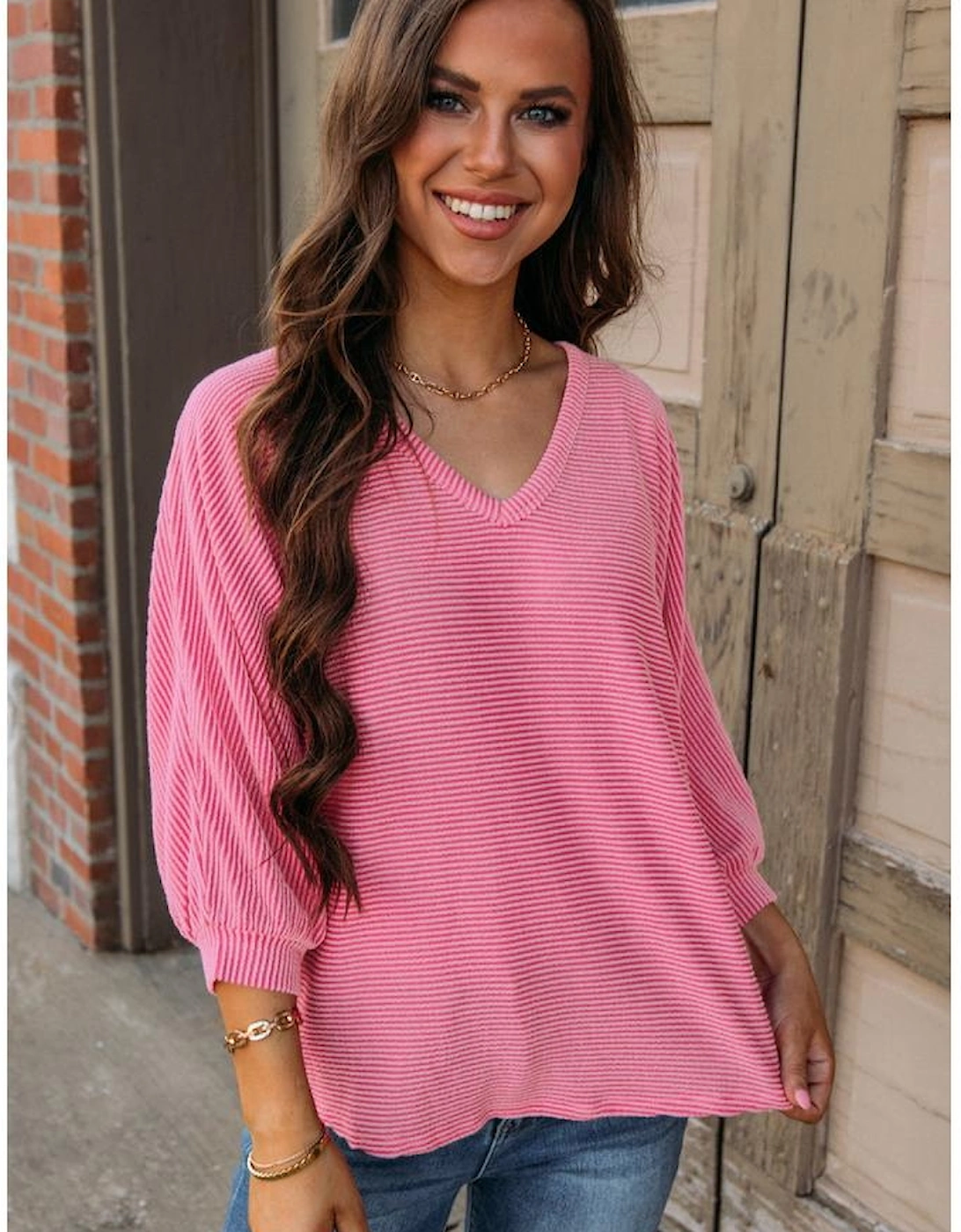 Strawberry Pink Striped Print Bracelet Sleeve V Neck Top