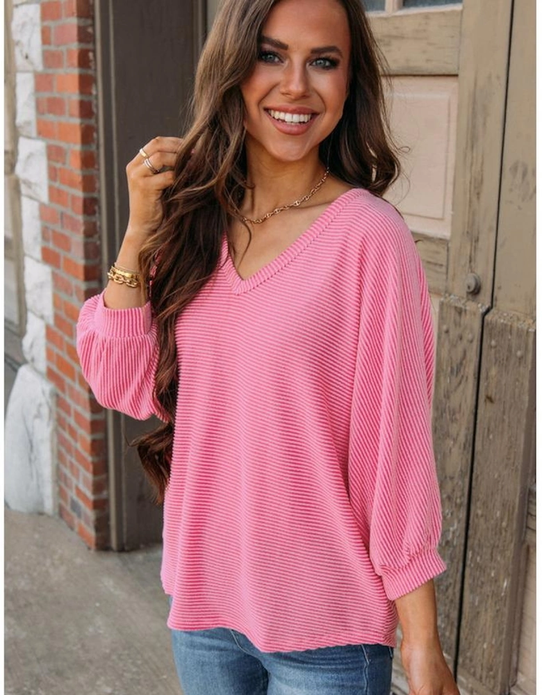 Strawberry Pink Striped Print Bracelet Sleeve V Neck Top