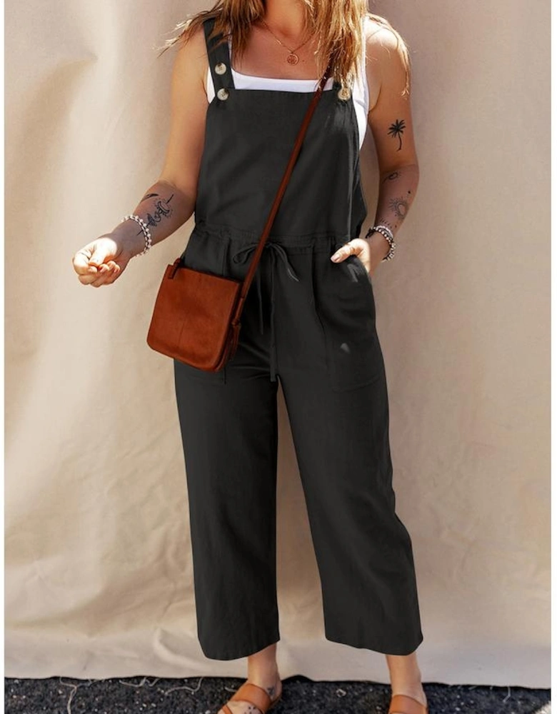 Black Drawstring Buttoned Straps Cropped Overall
