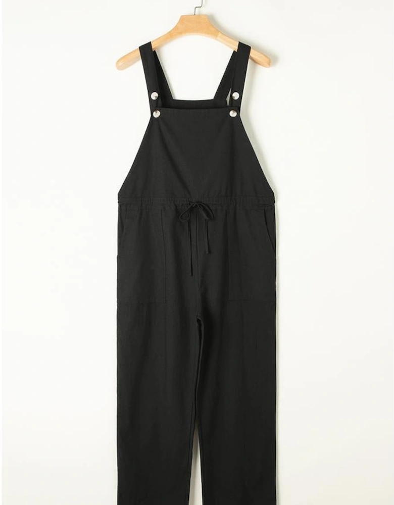 Black Drawstring Buttoned Straps Cropped Overall