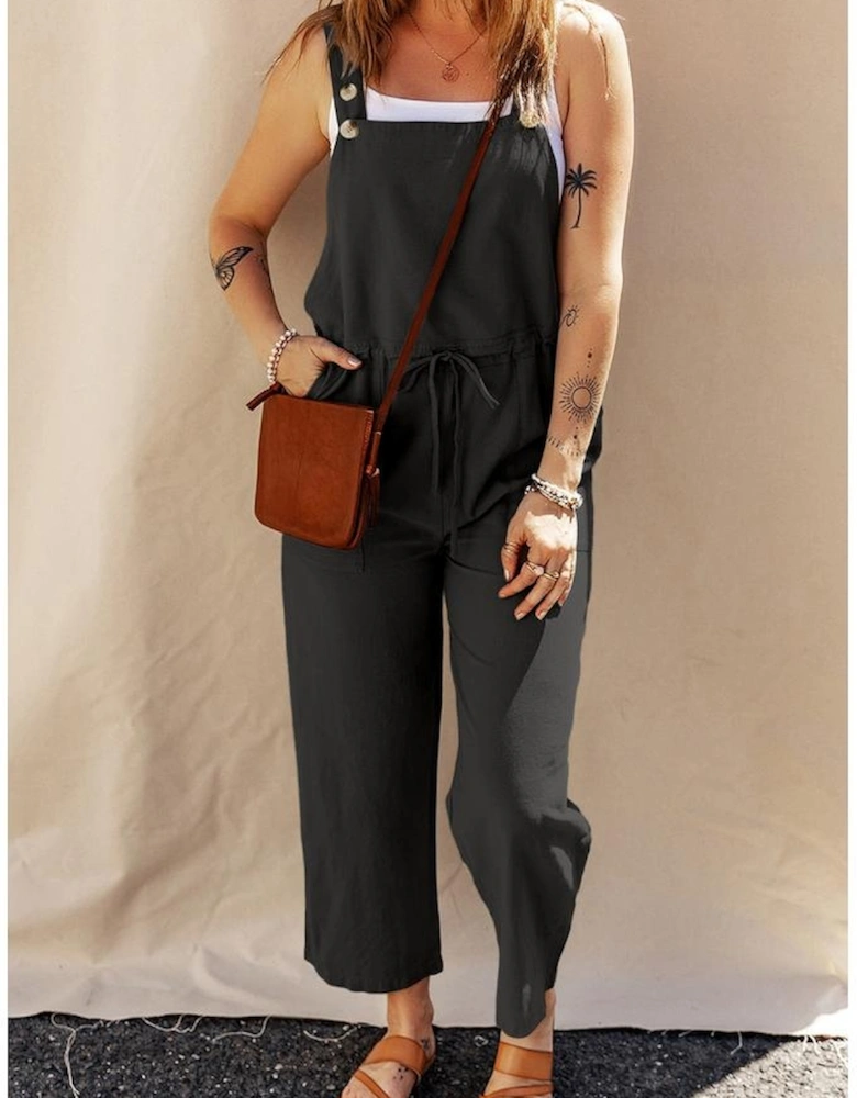 Black Drawstring Buttoned Straps Cropped Overall