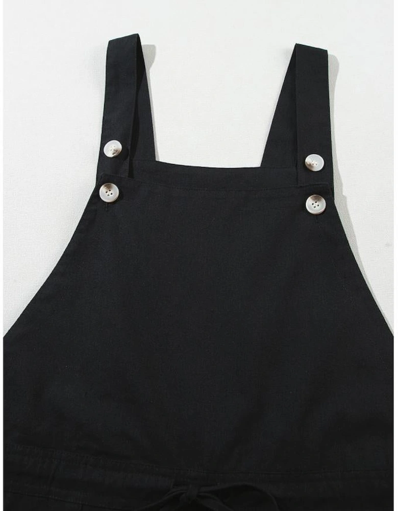 Black Drawstring Buttoned Straps Cropped Overall
