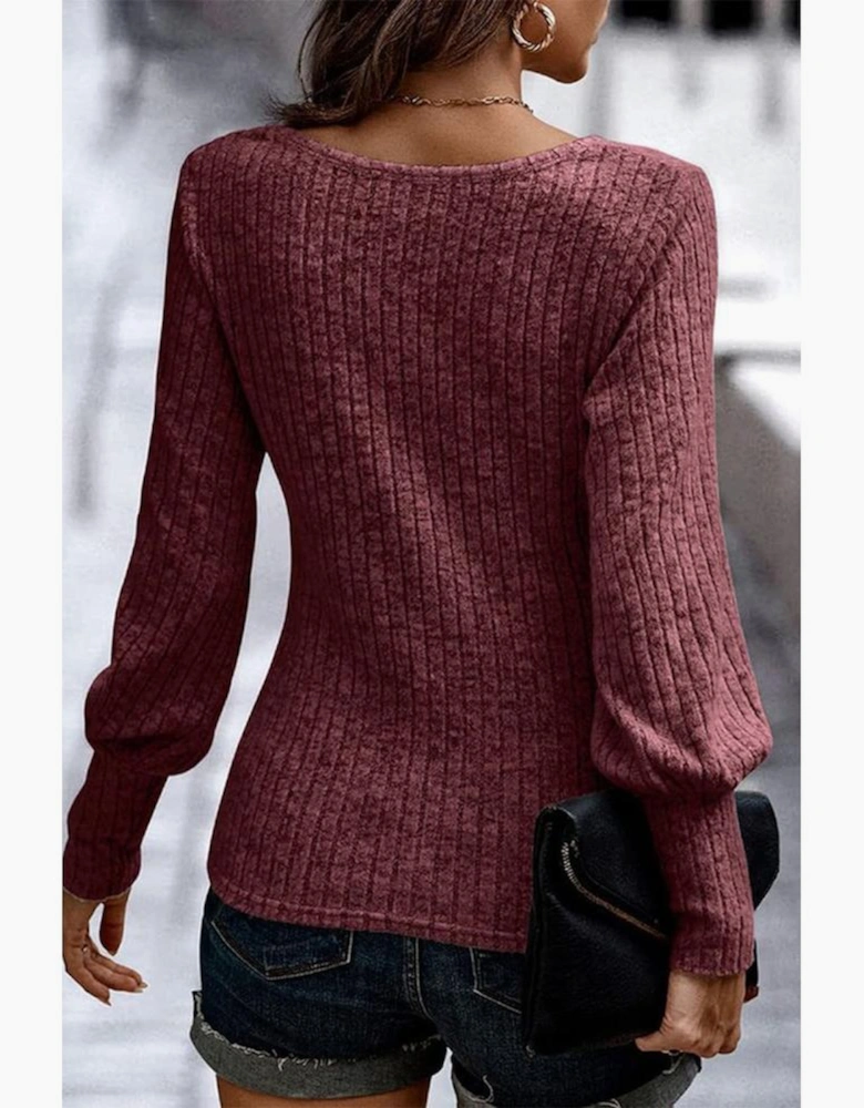 Mineral Red Ribbed Bishop Sleeve Round Neck Top