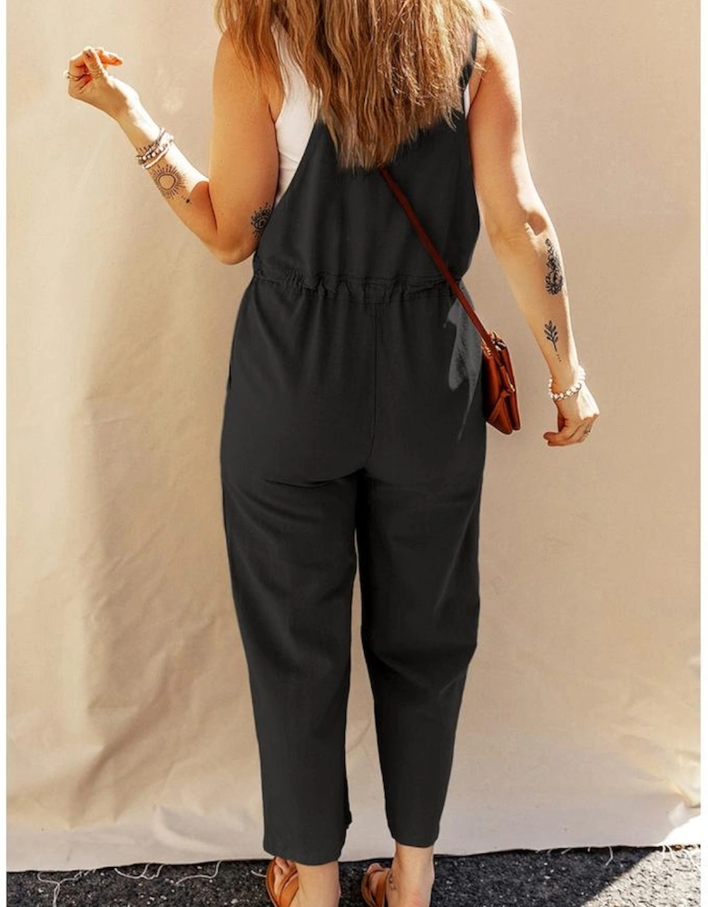 Black Drawstring Buttoned Straps Cropped Overall
