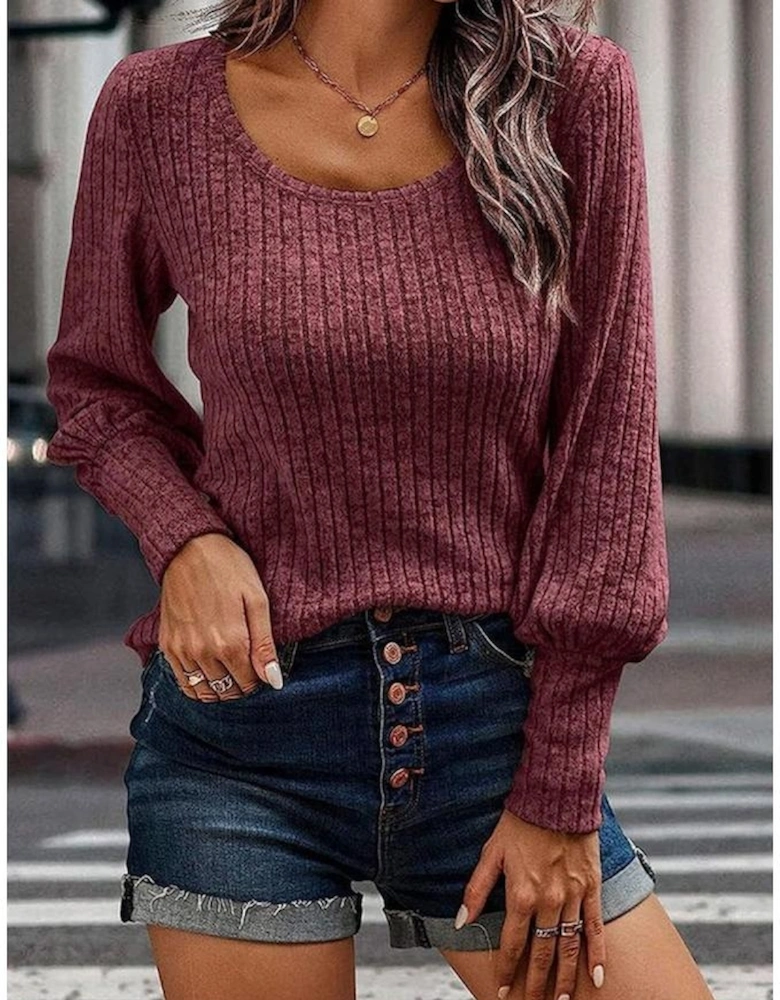 Mineral Red Ribbed Bishop Sleeve Round Neck Top