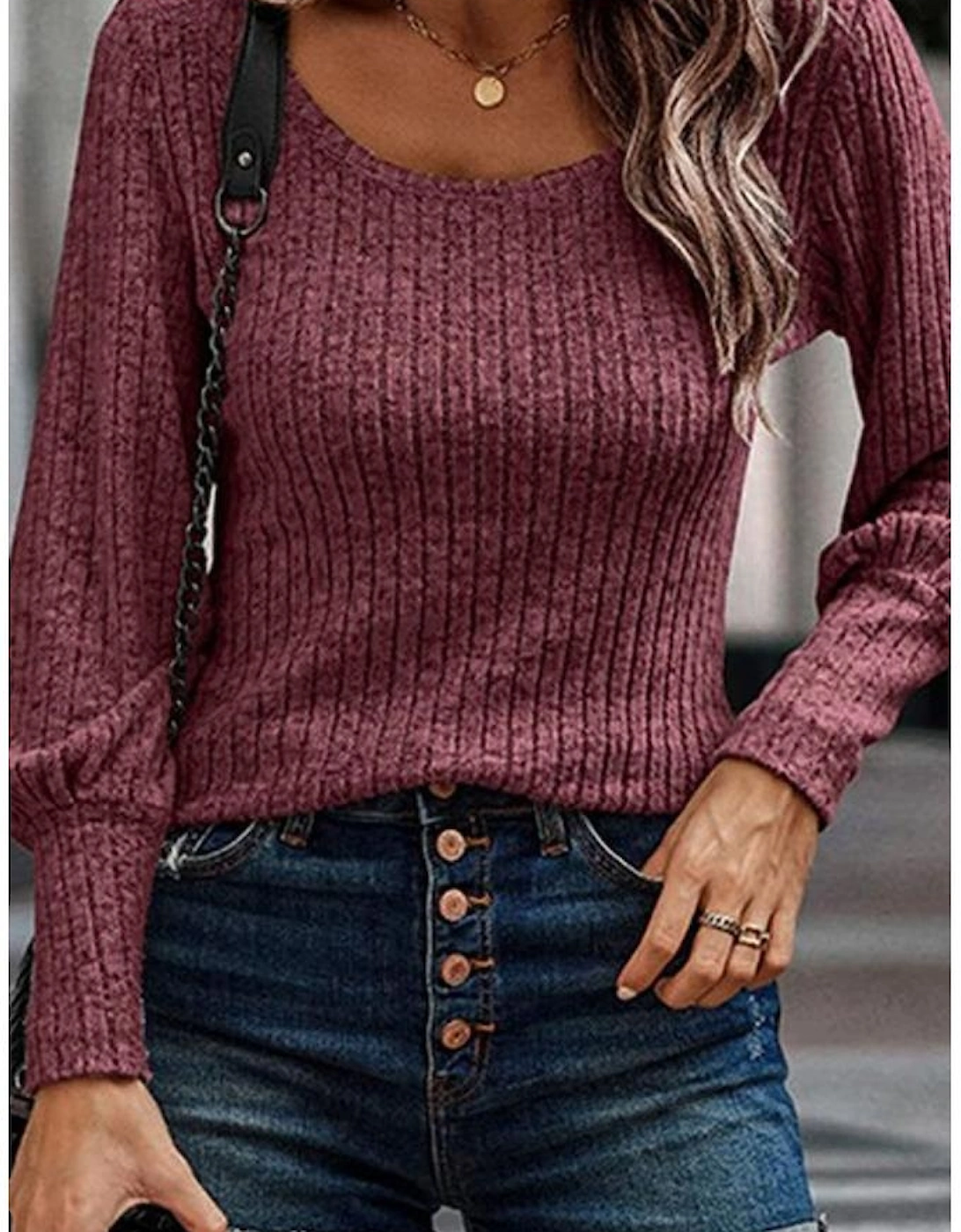 Mineral Red Ribbed Bishop Sleeve Round Neck Top