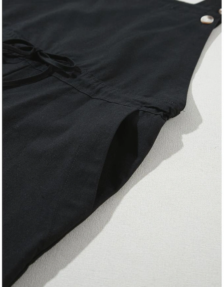 Black Drawstring Buttoned Straps Cropped Overall