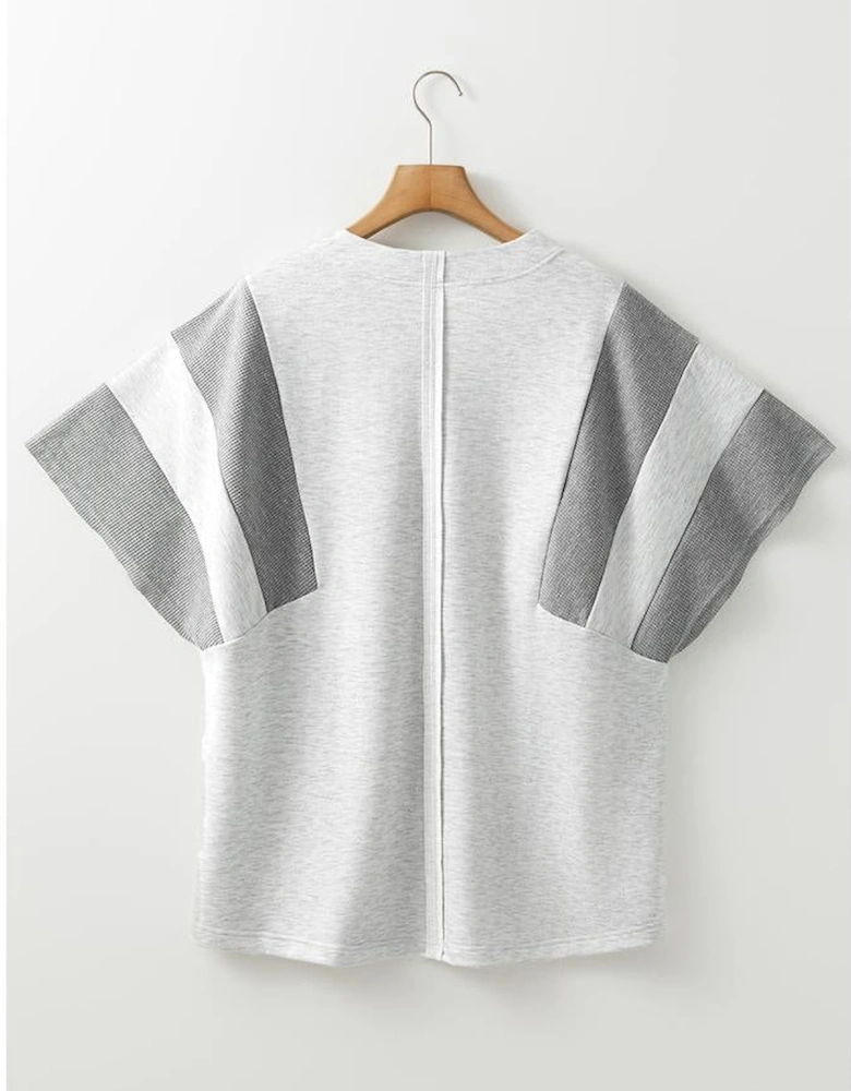 Light Grey Two Tone Contrast Waffle Knit Patched Buttoned V Neck Top