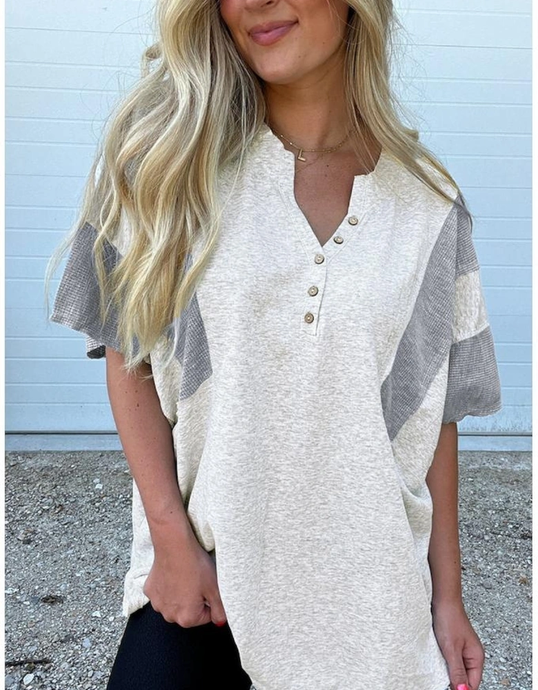 Light Grey Two Tone Contrast Waffle Knit Patched Buttoned V Neck Top