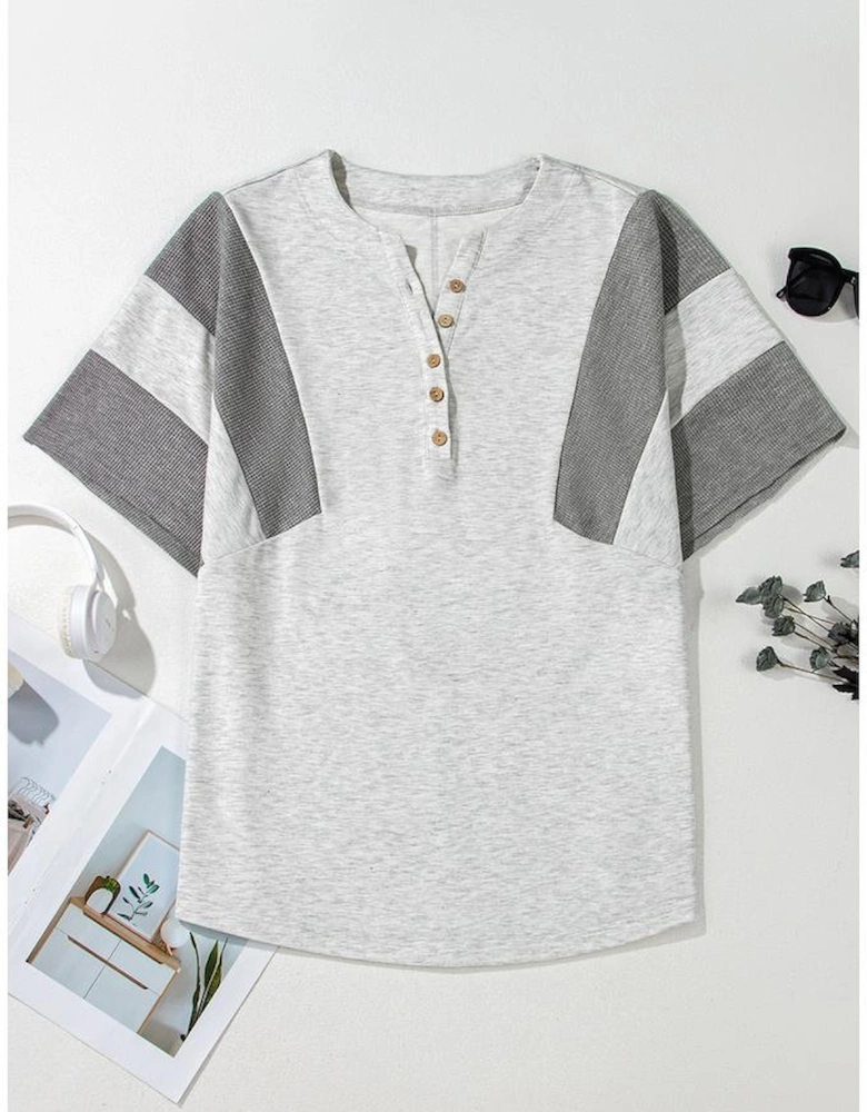 Light Grey Two Tone Contrast Waffle Knit Patched Buttoned V Neck Top