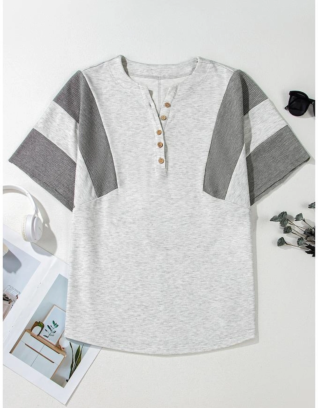 Light Grey Two Tone Contrast Waffle Knit Patched Buttoned V Neck Top