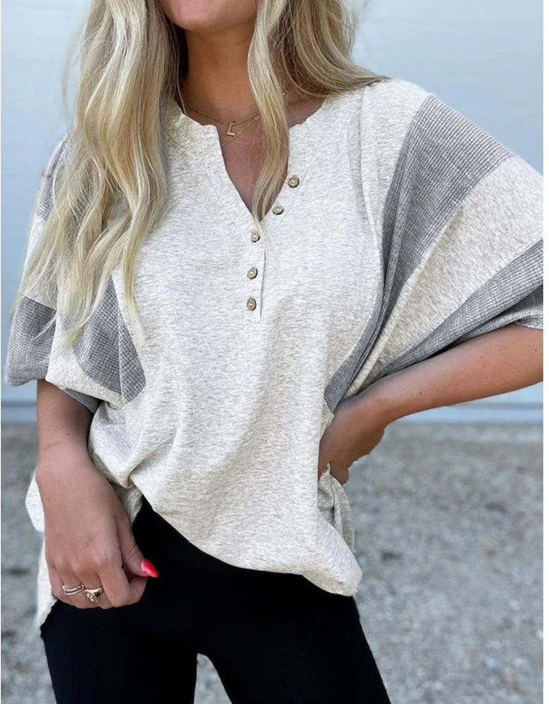 Light Grey Two Tone Contrast Waffle Knit Patched Buttoned V Neck Top