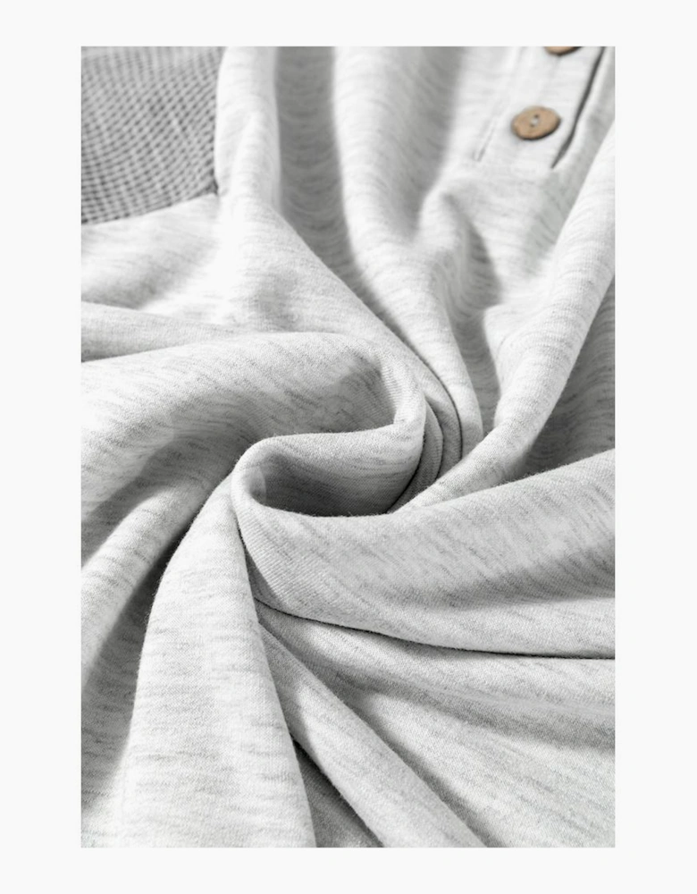 Light Grey Two Tone Contrast Waffle Knit Patched Buttoned V Neck Top