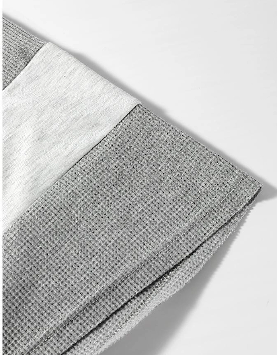 Light Grey Two Tone Contrast Waffle Knit Patched Buttoned V Neck Top
