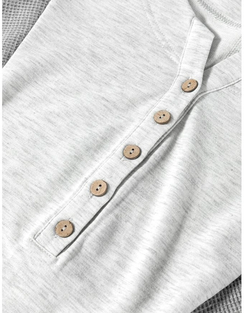 Light Grey Two Tone Contrast Waffle Knit Patched Buttoned V Neck Top