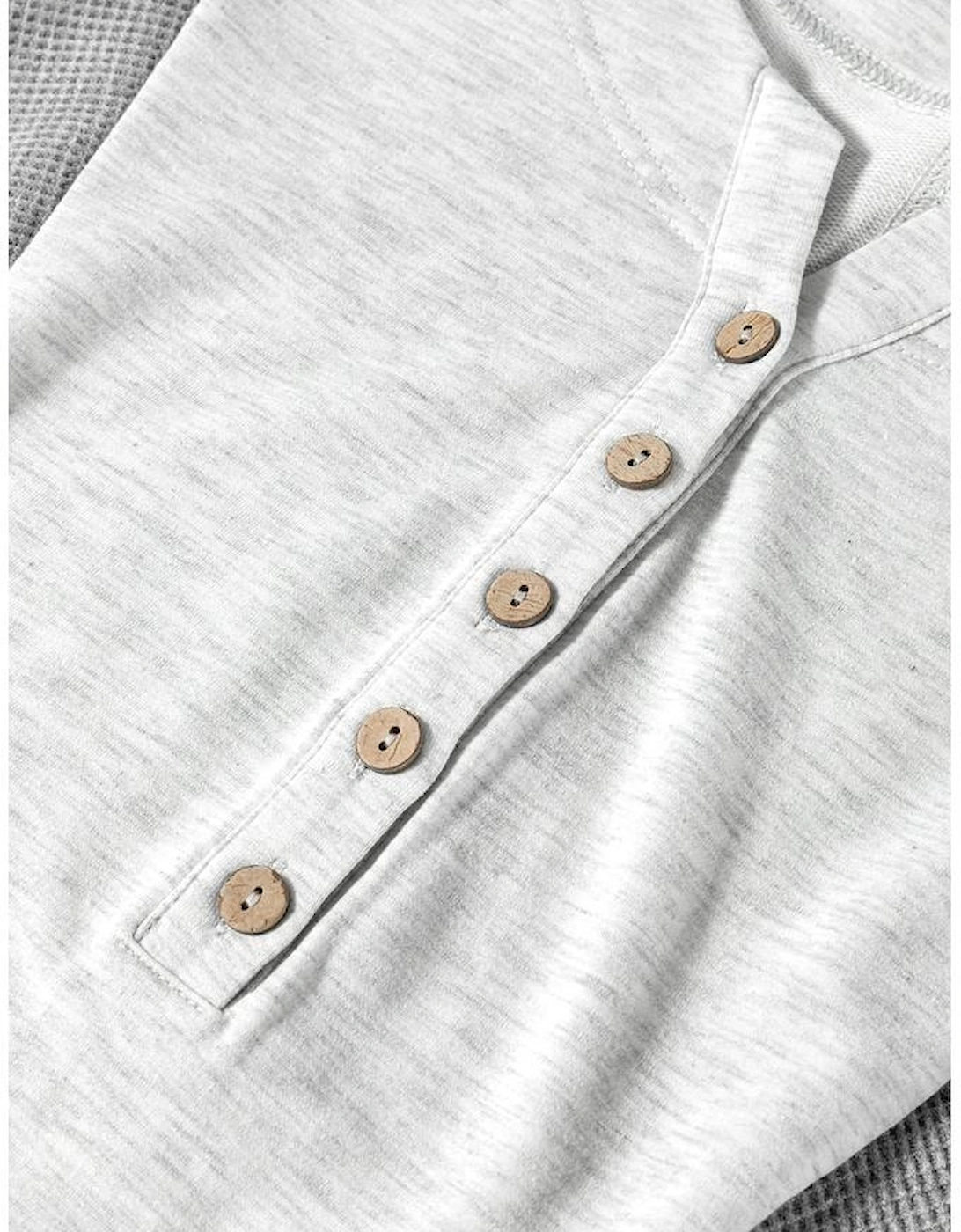 Light Grey Two Tone Contrast Waffle Knit Patched Buttoned V Neck Top