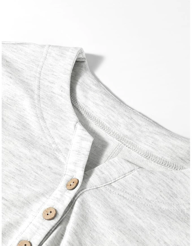 Light Grey Two Tone Contrast Waffle Knit Patched Buttoned V Neck Top