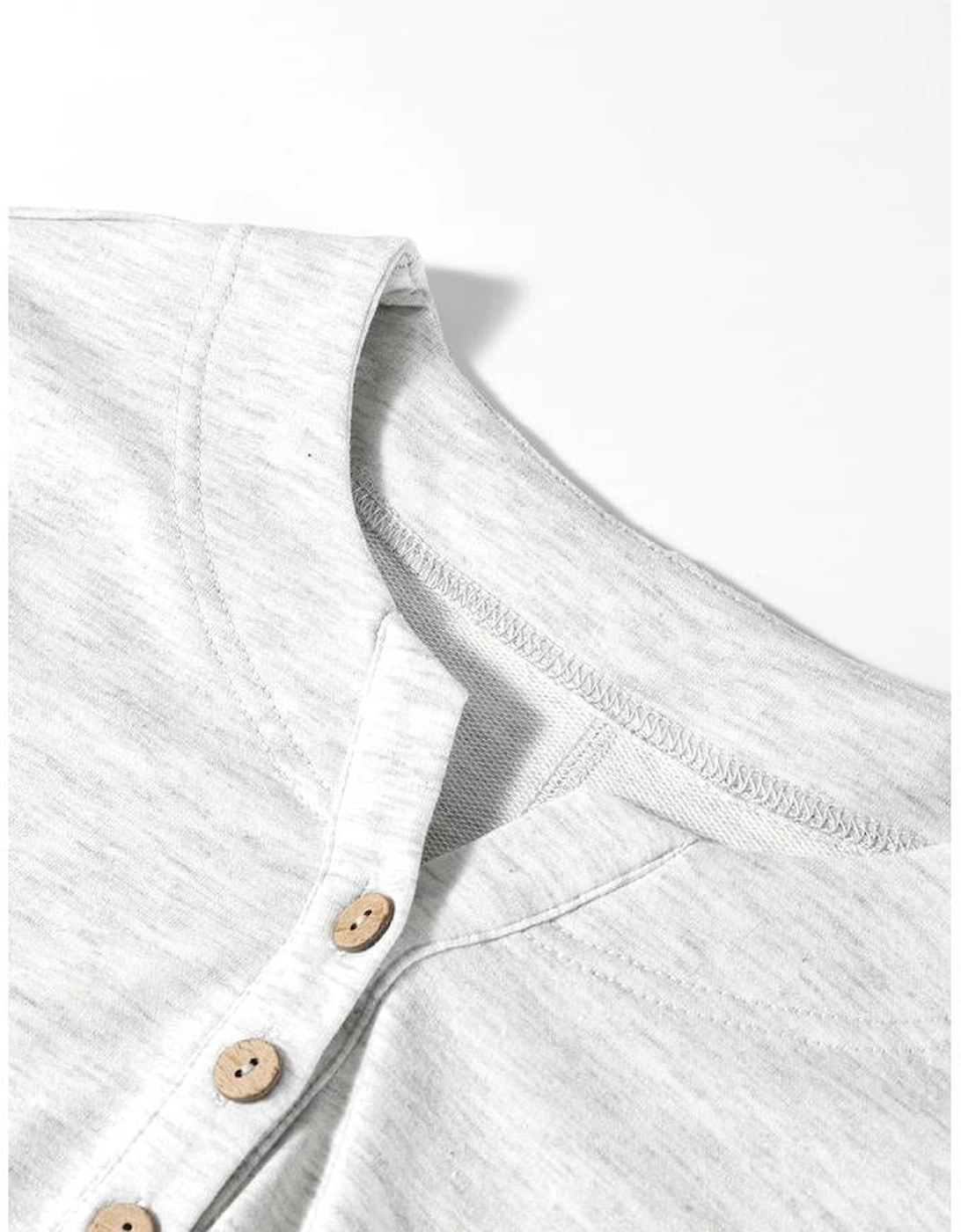 Light Grey Two Tone Contrast Waffle Knit Patched Buttoned V Neck Top