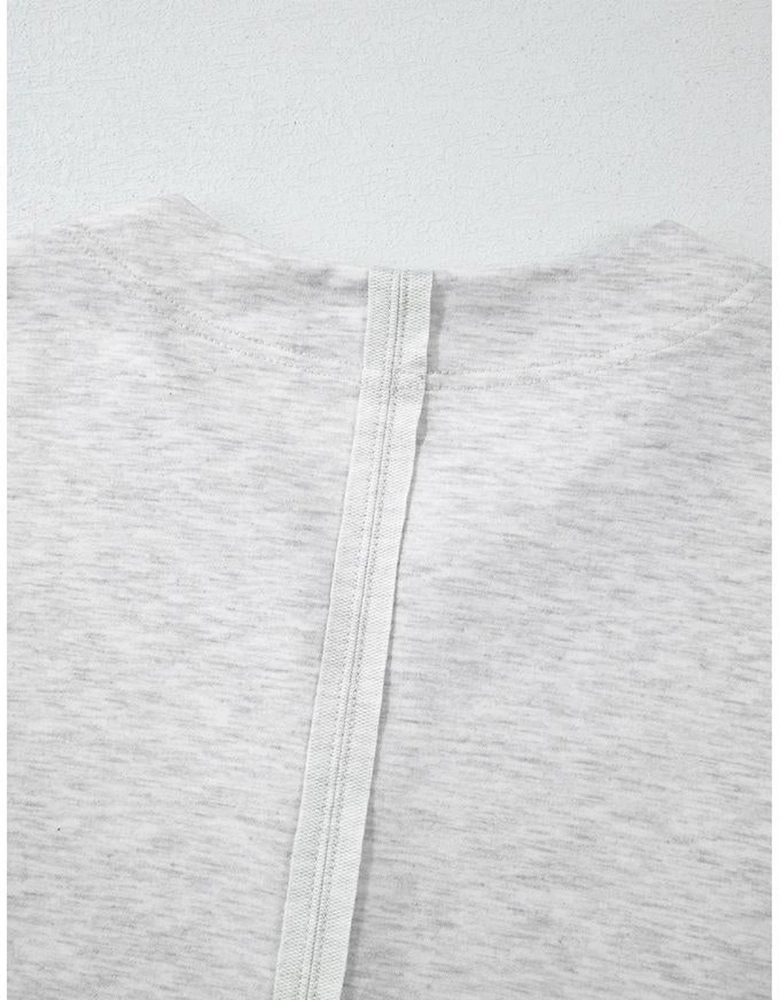 Light Grey Two Tone Contrast Waffle Knit Patched Buttoned V Neck Top