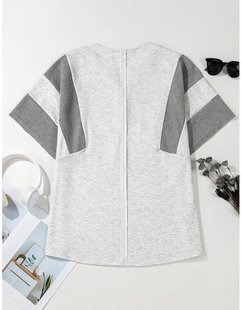 Light Grey Two Tone Contrast Waffle Knit Patched Buttoned V Neck Top