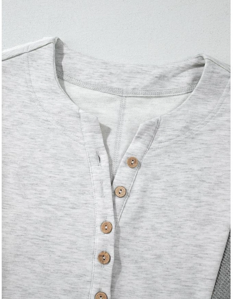 Light Grey Two Tone Contrast Waffle Knit Patched Buttoned V Neck Top