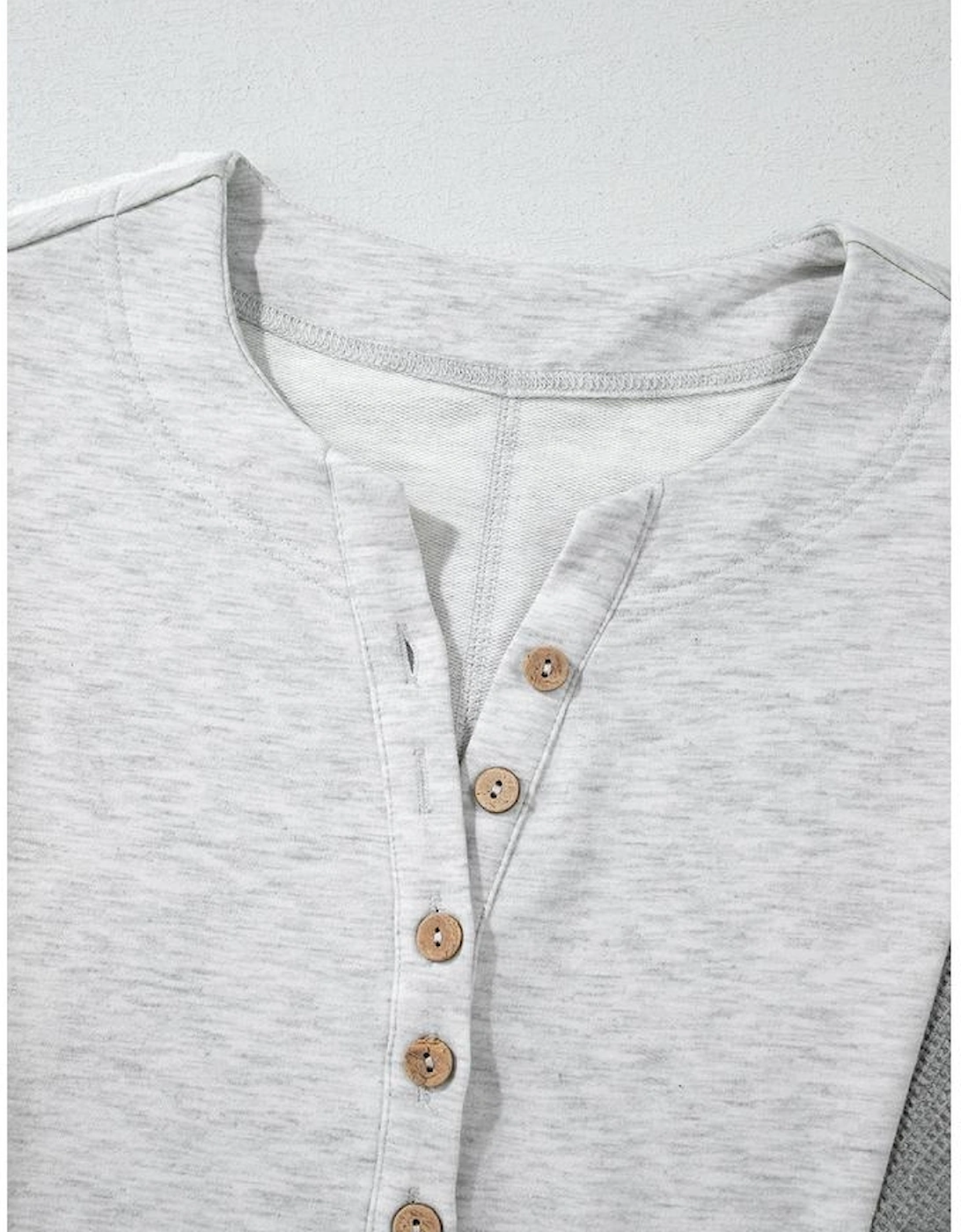 Light Grey Two Tone Contrast Waffle Knit Patched Buttoned V Neck Top