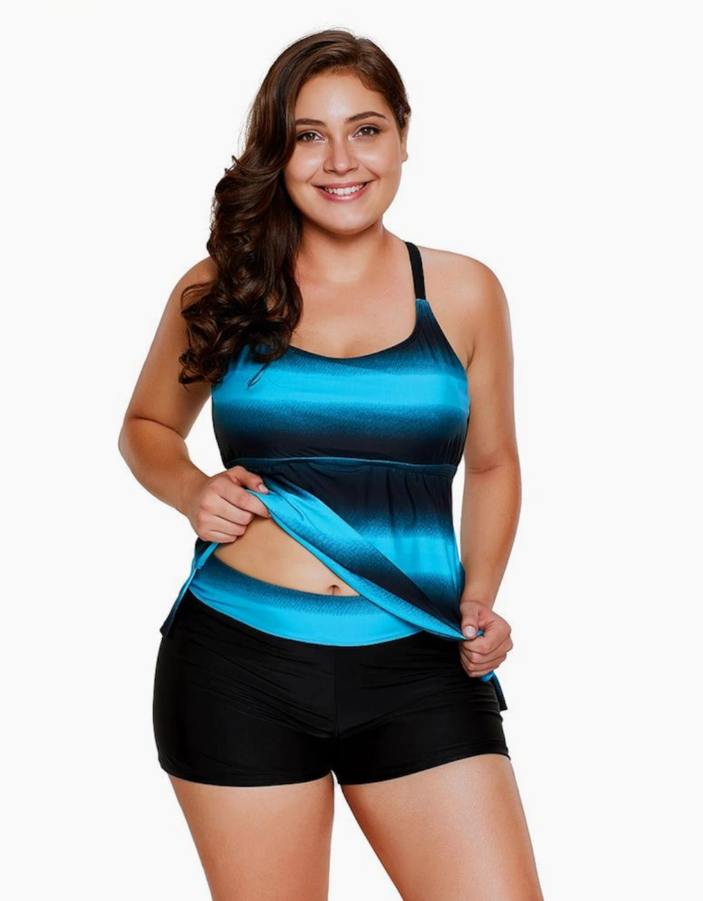 Bluish Strappy Hollow-out Back Plus Size Tankini