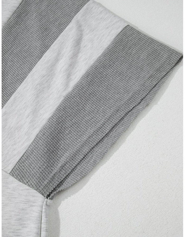 Light Grey Two Tone Contrast Waffle Knit Patched Buttoned V Neck Top
