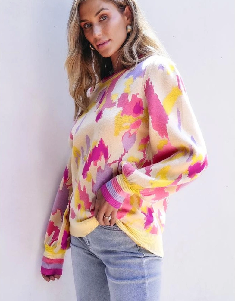 Khaki Abstract Print Colorblock Balloon Sleeve Sweater