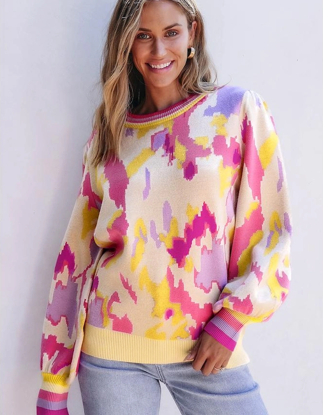 Khaki Abstract Print Colorblock Balloon Sleeve Sweater