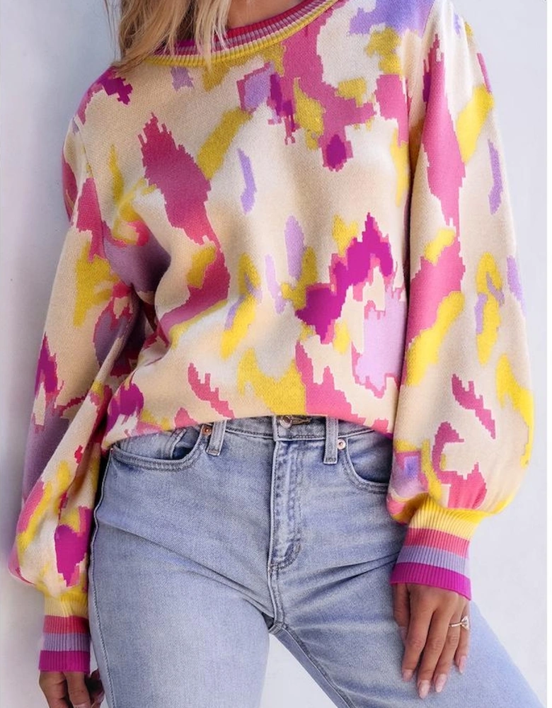 Khaki Abstract Print Colorblock Balloon Sleeve Sweater