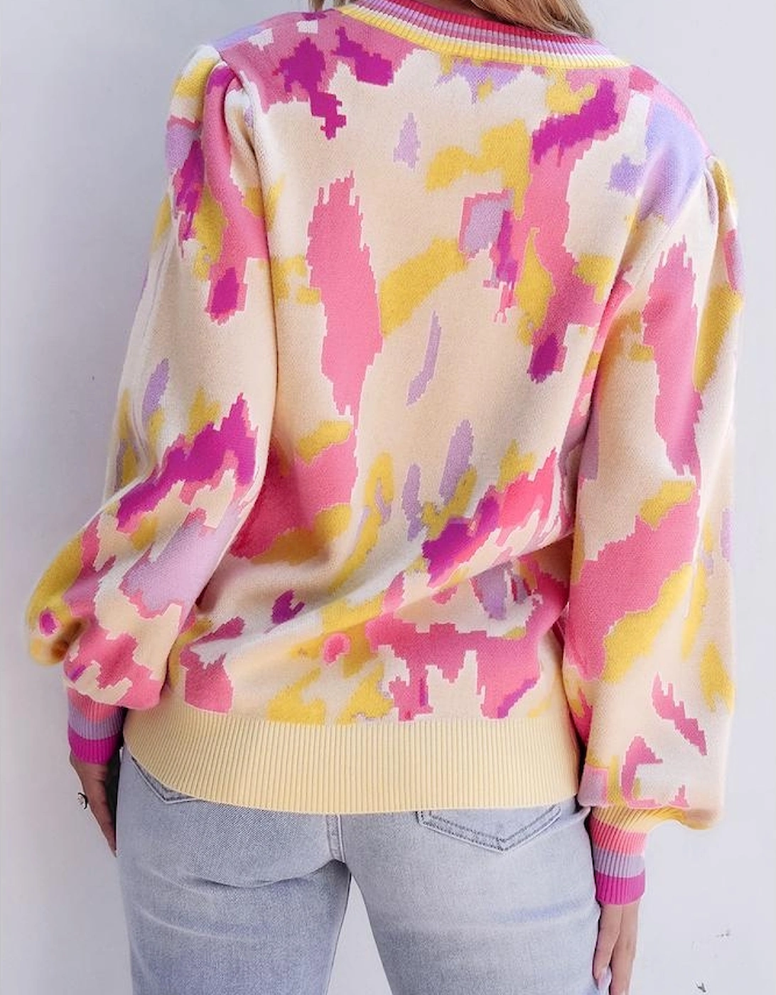 Khaki Abstract Print Colorblock Balloon Sleeve Sweater