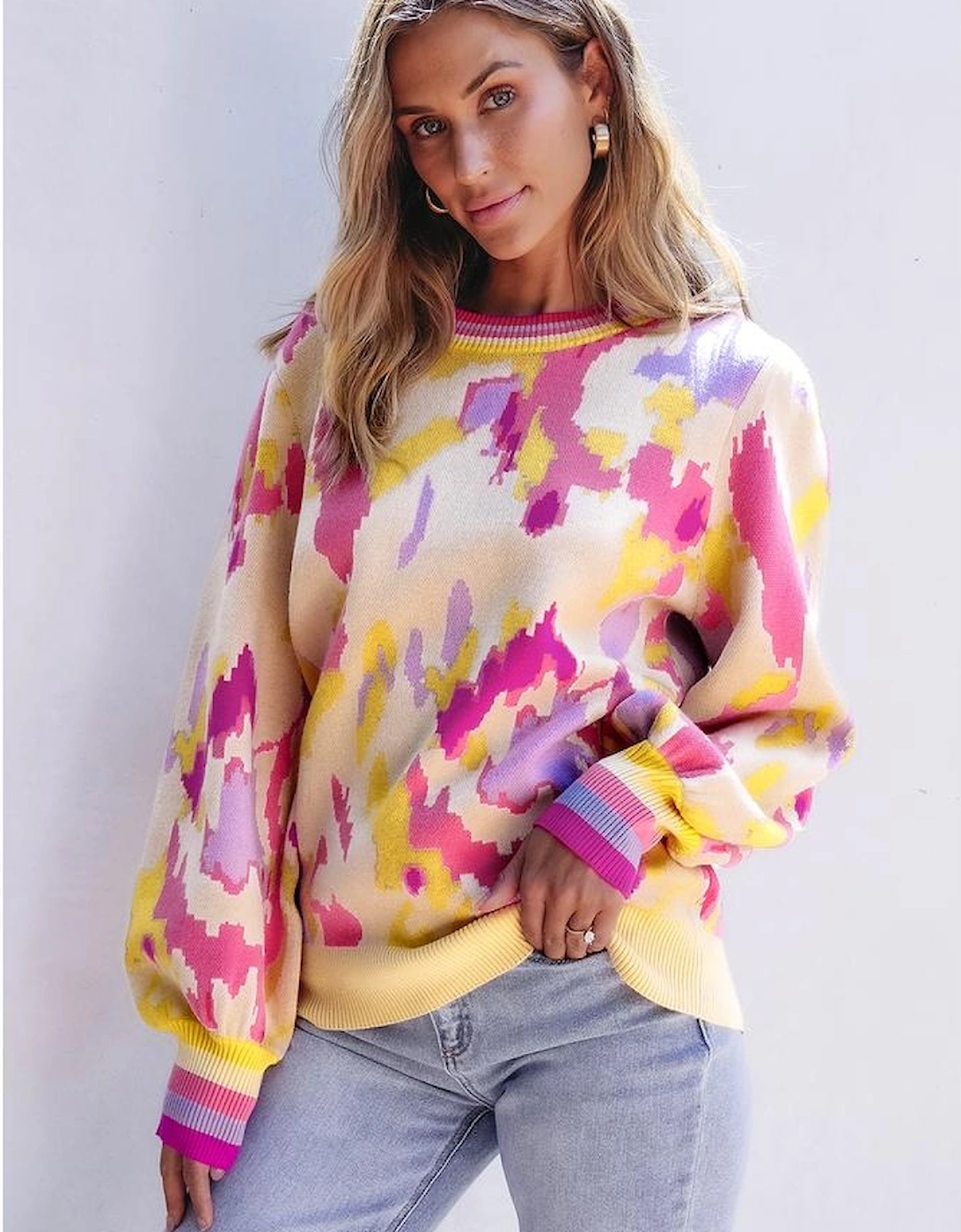 Khaki Abstract Print Colorblock Balloon Sleeve Sweater