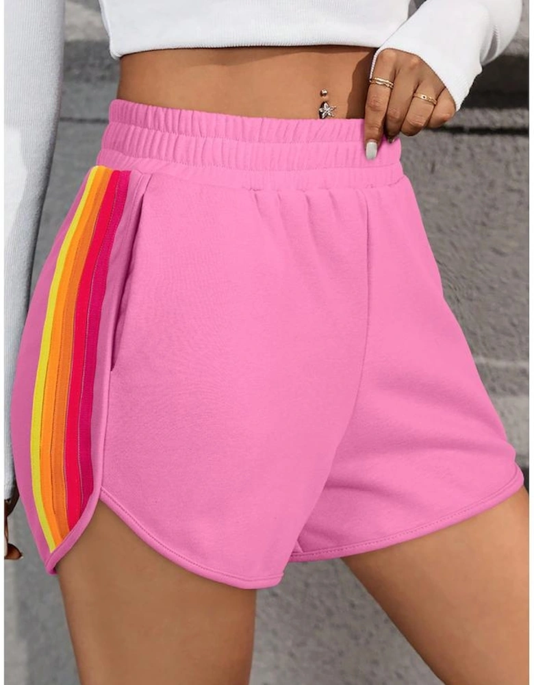 Bonbon Color Block Stripes Elastic High Waist Active Shorts