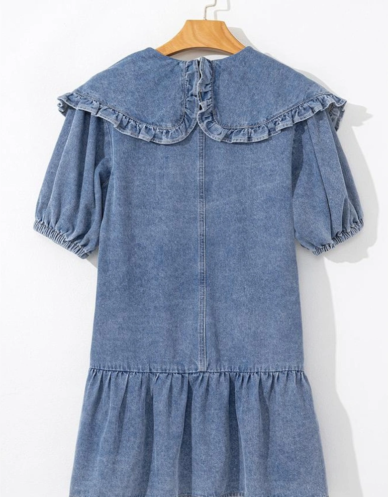 Dusk Blue Ruffled Collared Side Pockets Puff Sleeve Denim Mini Dress